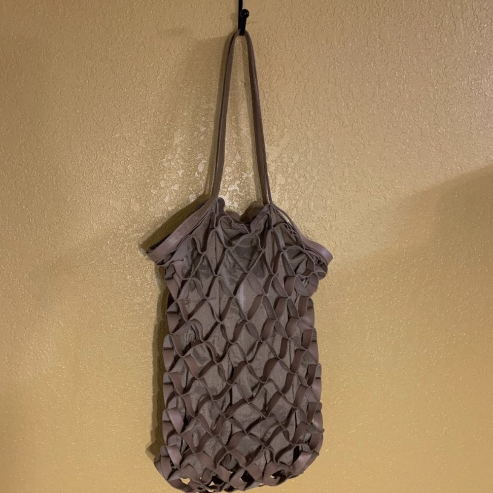 Unique! Kisim Tan Leather and Fabric Open Weave Hobo Bag with Cell Phone Pocket